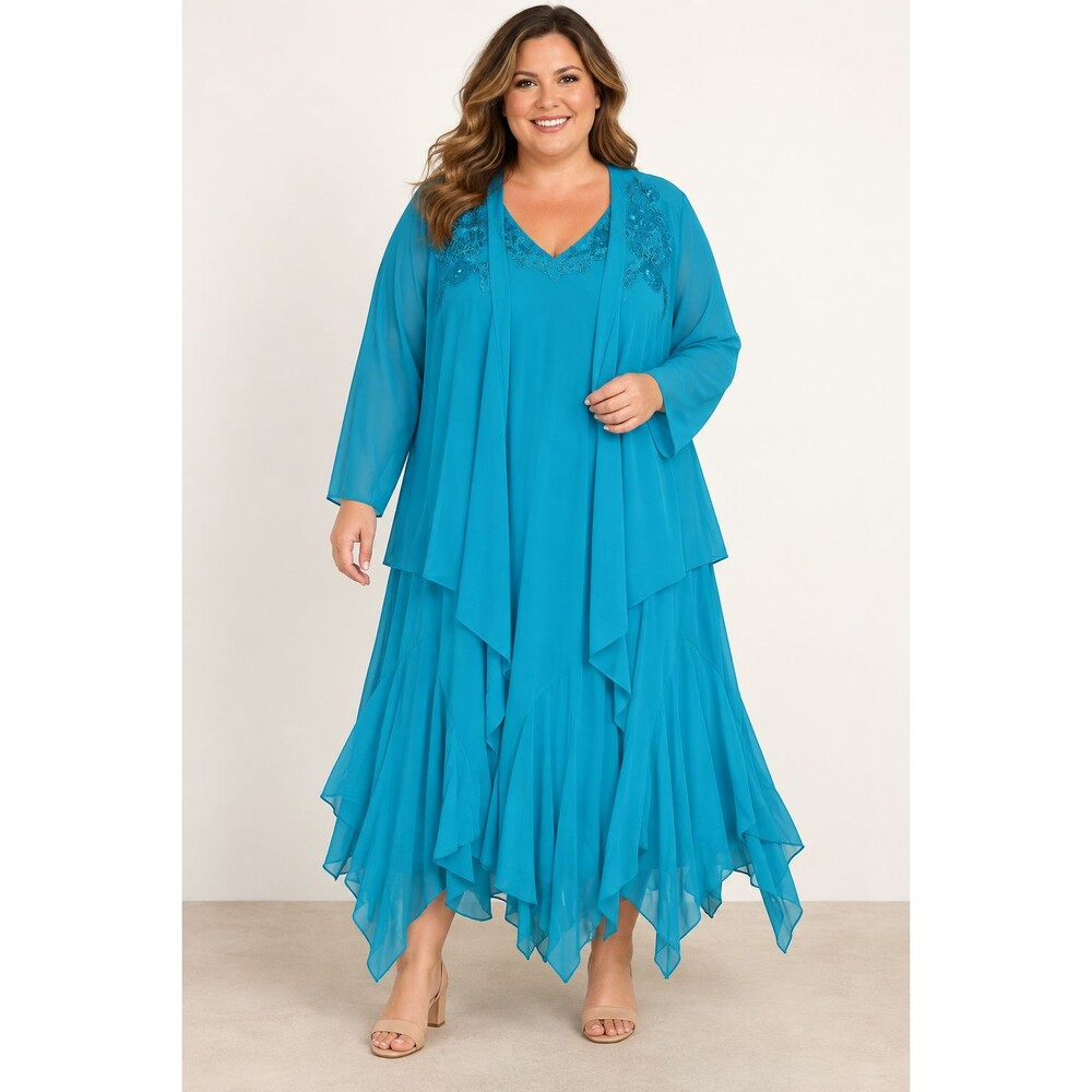 Roaman's 36W Teal Sequin Beaded 2pc Dress & Jacket Set Handkerchief Hem Plus New